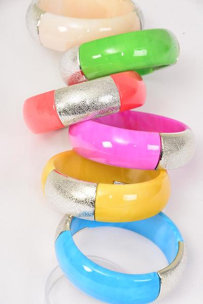 Bracelet Bangle Acrylic Marble Look Silver Trim pastel Color Mix / 12 pcs = Dozen Size-2.75" x 1" Wide , 2 of each Color Asst , Hang Tag & Opp bag & UPC Code