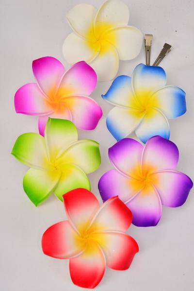 Flower Large Aloha Gradient Pastel / 12 pcs Flower = Dozen Alligator Clip , Flower - 4" Wide , 2 Fuchsia , 2 Orange , 2 Beige , 2 Blue , 2 Lime , 2 Purple Color Asst , Display Card & UPC  Code, W Clear Box