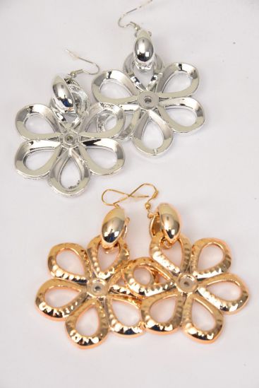 Earrings Flower Gold Silver Asst / 12 pair = Dozen Size-2"x 2.25" Wide , 6 Gold & 6 Silver Mix , Earring Card & OPP bag & UPC Code