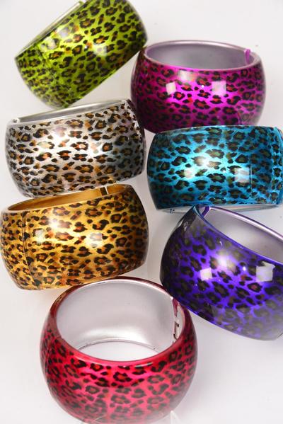Bracelet Bangle Acrylic Wide Hinge Cat-eye Leopard Print / 12 pcs = Dozen Size-2.75"x 1.75" Dia Wide , 2 Silver , 2 Gold , 2 Blue , 2 Fuchsia , 2 Purple , 1 Red ,1 Lime Color Mix , Hang Tag & Opp Bag & UPC Code