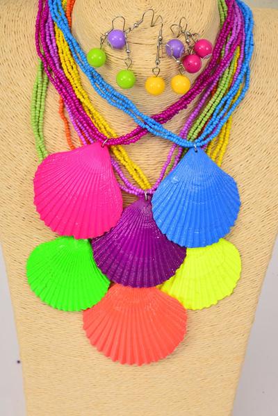 Necklace Sets Caribbean Neon Seashell Pendant Indian Beads/DZ Caribbean Neon , 18" Long , Pendant Size-2"x 2" , 2 of each Color Mix , Hang Tag & OPP bag & UPC Code