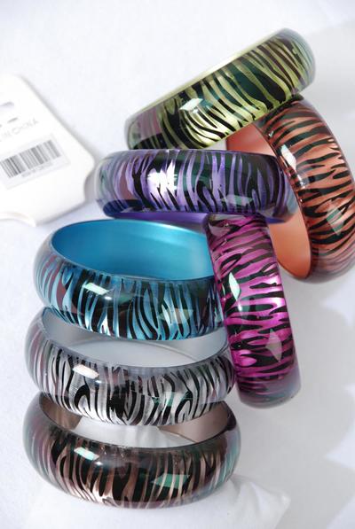 Bracelet Bangle Acrylic Cat-eye Zebra Print Pastel Mix / 12 pcs = Dozen Pastel , Size - 2.75" x 1" , 2 Pink , 2 Blue , 2 Purple , 2 Gold , 2 Silver , 1 Lime , 1 Peach Color Mix , Hang tag and Opp bag & UPC Code