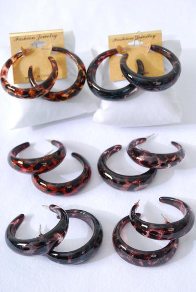 Earrings Poly Hoop Leopard Print / 12 pair = Dozen Post , Size - 1.75" Wide , 3 of each Pattern Asst , Earring Card & OPP bag & UPC Code