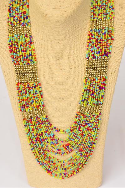 Necklace Bohemian Look Indian Beads Gold Findings Multi / PC  26" Long Extension Chain , Display Card & OPP Bag & UPC Code