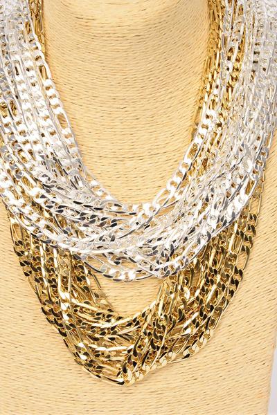 Chain Necklace Figaro Chain 20 inch 7 mm Wide / 12 pcs = Dozen Size - 20" , 7 mm Wide , Hang Tag & OPP Bag , Choose  Gold or Silver Finishes