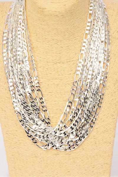 Chain Necklace Figaro Chain 24 inch 7 mm Wide Silver / 12 pcs = Dozen Silver , Size - 24", 7 mm Wide , Hang Tag & OPP Bag , Choose Gold or Silver fiinishes