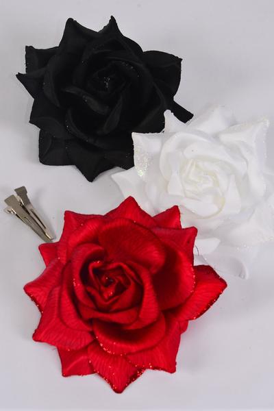 Flower Silk Tea-Rose Large Glitter Trim Red White Black Asst / 12 pcs Flower = Dozen  same is 87104 Size-5", Alligator Clip & Brooch , 4 Red , 4 White , 4 Black Color Asst , Hang Tag & UPC Code , W Clear Box