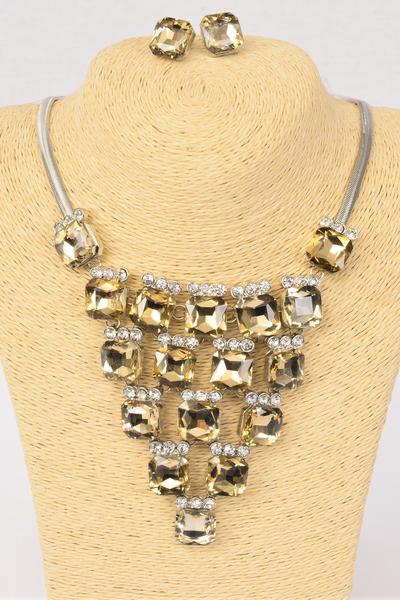 Necklace Sets Fancy Octagon Glass Rhinestones Post Amber/SetsC **Post" 18" Extension Chain,Velvet Display Card & OPP Bag & UPC Code,Choose Colors