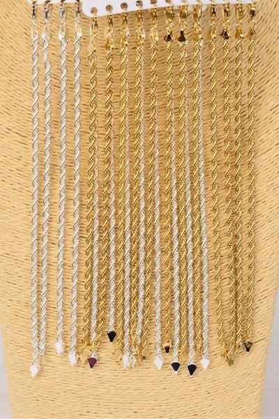 Bracelet Rope Chain 3 mm Wide 8 inches / 12 pcs = Dozen Size - 8" Long , 3 mm Wide , Hang Tag & OPP Bag , Choose gold or silver finishes