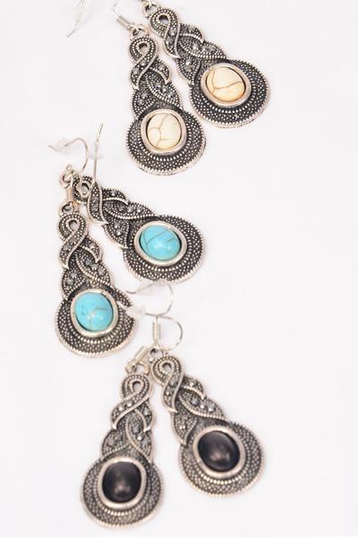 Earrings Metal Antique Marcasite Look Semiprecious Stone / 12 pair = Dozen  match 75027 Fish Hook , Size - 1.75" x 0.75" Wide , 4 Black , 4 Ivory , 4 Turquoise Asst , Earring Card & OPP Bag & UPC Code 