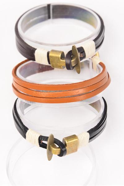 Bracelet Real Leather Band Triple Metal Toggle Clasp / 12 pcs = Dozen  Unisex , Adjustable , 4 of each Pattern Asst , Individual Hang tag & OPP Bag & UPC Code