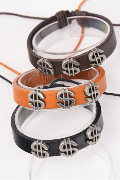 Bracelet Real Leather Band Dollar Sign / 12 pcs = Dozen  Unisex , Adjustable , 4 of each Pattern Asst , Hang Tag & OPP Bag & UPC Code