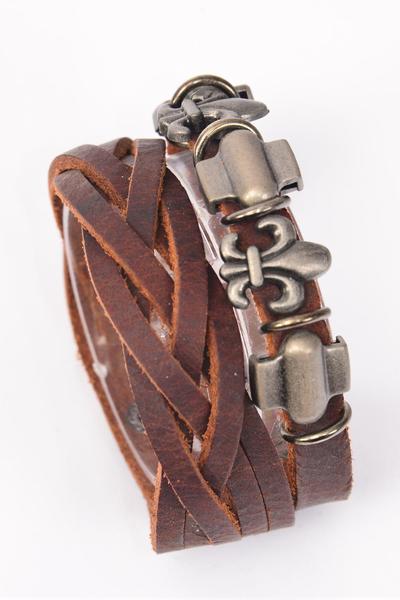 Bracelet Braid Leather Stacked W Flue Delis Brown / PC Unisex , Adjustable , Brown , Size-7.5"x 8.25" Wide , Hang tag & OPP Bag & UPC Code