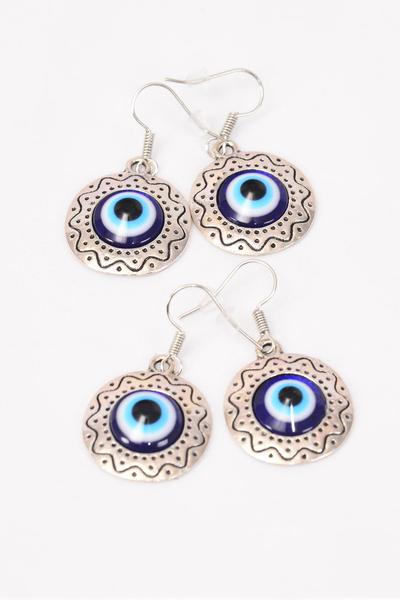 Earrings Metal Antique Blue Venetian Glass Hamsa Evil Eye Good luck And Protection/DZ **Fish Hook** Size-1.25"x 0.75" Wide,Earring Card & OPP Bag & UPC Code