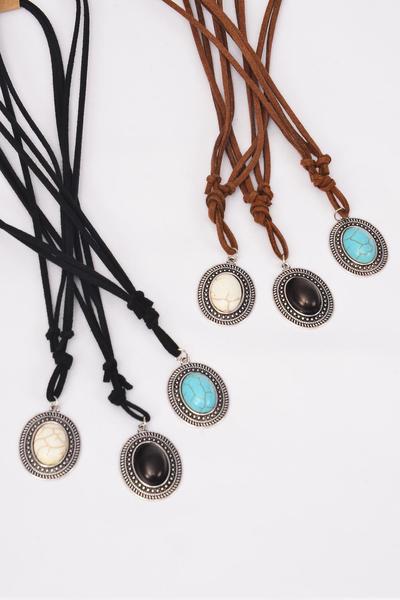 Necklace Leather Feel Oval Pendant Semiprecious Pendant Semiprecious Stone / 12 pcs = Dozen Necklace Adjustable , 4 Ivory , 4 Black , 4 Turquoise Asst , Hang Tag & OPP Bag & UPC Code