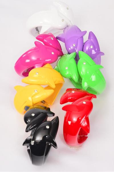 Bangle Acrylic Hinge Dolphin Multi / 12 pcs = Dozen Hinge , Size-2.75 x 1.25" Wide , 2 Black , 2 White , 2 Red ,  2 Yellow , 2 Fuchsia , 1 Purple , 1 Green Mix , Hang Tag & OPP bag & UPC code -