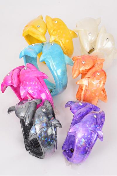 Bracelet Bangle Acrylic Hinge Dolphin Iridescent Pearl Multi / 12 pcs = Dozen Hinge , Size - 2.75" x 2.5" Dia Wide , 2 Black , 2 White , 2 Blue , 2 Purple , 2 Fuchsia , 1 Orange , 1 Yellow Mix , Hang Tag & OPP bag & UPC Code 