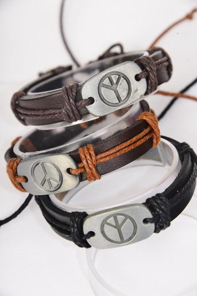 Bracelet Real Leather Band Peace Sign Symbol / 12 pcs = Dozen   Unisex , Adjustable , 4 of each Pattern Mix , Hang tag & OPP Bag & UPC Code