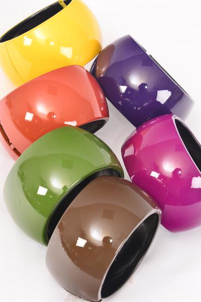 Bracelet Bangle Acrylic Wide Hinge Fall Color Mix / 12 pcs = Dozen Hinge, Size-2.75"x 1.75" Dia Wide , 2 Brown , 2 Olive Green , 2 Orange , 2 Purple , 2 Fuchsia , 2 Yellow Color Asst , Hang Tag & Opp bag & UPC Code
