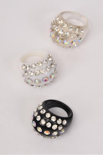 Rings Acrylic Dome Rhinestones / Dozen Size-7 8 9 Mix , Choose Colors , Velvet Ring Display Box & OPP Bag & UPC Code 