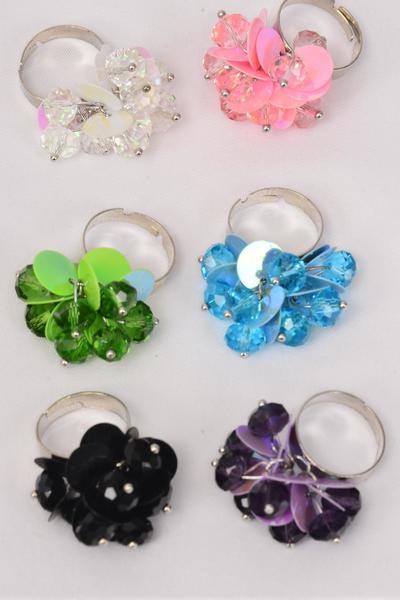 Rings Sequin Charms & Glass Crystal Mix /  12 pcs = Dozen Adjustable , Width 1.25" Wide , 2 of each Color Asst , Velvet Ring Display Box & OPP Bag & UPC Code