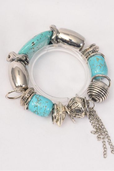 Bracelet Antique Charm Aztec Real Semiprecious Stones Blue / PC Blue , Stretch , Display Card & OPP Bag & UPC Code