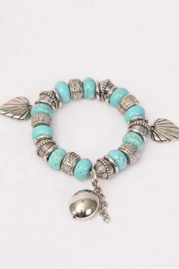 Bracelet Aztec Real Semiprecious Stones & Charms Blue / PC Blue Turquoise , Stretch , Display Card & OPP Bag & UPC Code