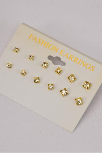 Earrings 6 pair Gold Clear Rhinestone Studs / 12 card = Dozen Post , Earring Card & OPP Bag & UPC Code , 6 pair per Card , 12 Card = Dozen