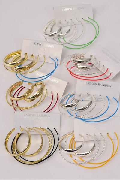 Earrings 3 Pair Metal Loop Mix Design and Sizes Multi / 36 pair = Dozen Post , Loop -1.75" 2.25" 2.5" Size Mix , 2 of each Color Asst , Earring Card & OPP bag & UPC code,3 pair per card,12 card = DZ