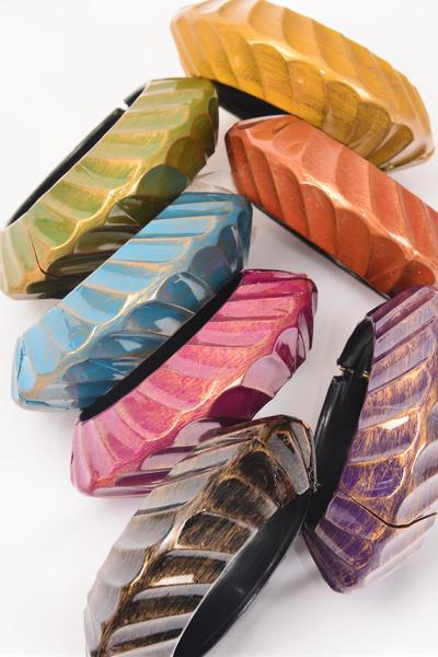 Bracelet Bangle Brush Stroke Acrylic Hinge Ridged Fall Color Asst / 12 pcs = Dozen  Hinge ,Size - 2.75" x 1.25" Dia Wide , 2 Blue , 2 Purple , 2 Fuchsia , 2 Gold , 2 Black , 1 Green , 1 Orange Color Mix , Hang Tag & Opp bag & UPC Code