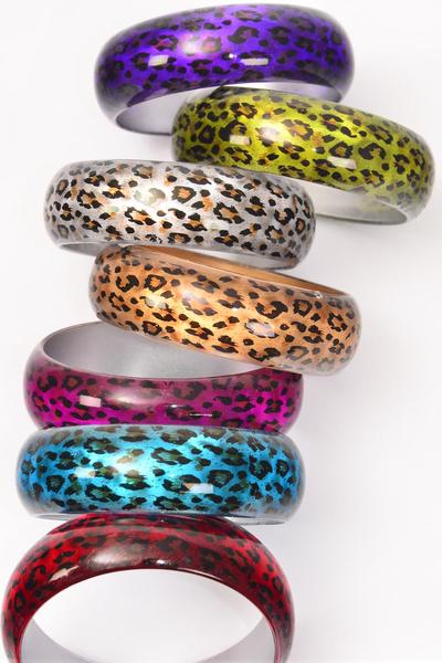Bracelet Bangle Acrylic Cat-eye Leopard Print / 12 pcs = Dozen Multi , Size - 2.75" x 1" Dia Wide , 2 Gold , 2 Silver , 2 Fuchsia , 2 Purple , 2 Blue , 1 Red ,1 Lime Color Mix , Hang tag & Opp bag & UPC Code
