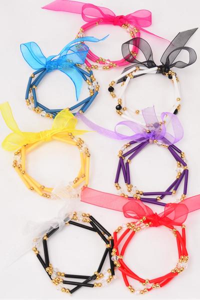 Bracelet 36 pcs, 3 Strend Beads & Glass Crystal  Mix Ribbons / 12 pcs = Dozen Stretch , 2 Blue , 2 Black , 2 White , 2 Fuchsia , 2 Red , 1 Purple , 1 Yellow Color Asst , Hang tag & OPP bag & UPC Code -