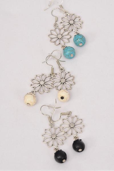 Earrings Metal Daisy Flower Semiprecious Stone / 12 pair = Dozen Fish Hook , Size - 1.25" x 1" Wide , 4 Black , 4 Ivory , 4 Turquoise Asst , Earring Card & OPP Bag & UPC Code