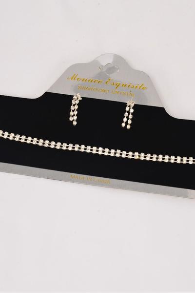 Necklace Sets Choker Double Line Rhinestones / Sets Post , Size-13.5" W Extension Chain , Choose Gold Or Silver Finishes , Display Card & OPP bag & UPC Code 