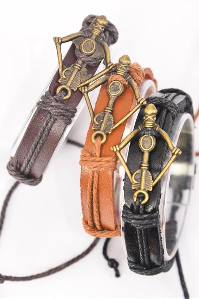 Bracelet Real Leather Band Bowl & Arrow / 12 pcs = Dozen  Unisex , Adjustable , 4 of each Pattern Mix , Individual Hang tag & OPP Bag & UPC Code