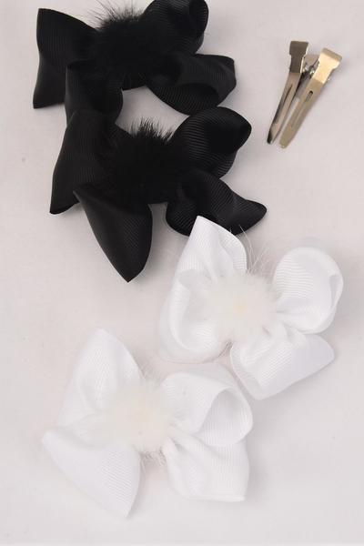 Hair Bow 24 pcs Mink Fur Ball Grosgrain Bow-tie Black White Mix / 12 Pair = Dozen Alligator Clip , Size - 3.5" x 3.5" Wide , 6 of each Color Asst , Clip Strip & UPC Code 