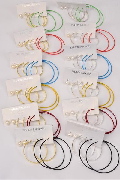 Earrings 3 pair Pearl Stud & Metal Loop Mix Multi / 36 pair = Dozen Post , Loop Size - 1.75" & 2.25" Wide , 10 mm Pearl , 6 Gold & 6 Silver Mix , 2 of each Color Asst , Earring Card & OPP Bag & UPC Code