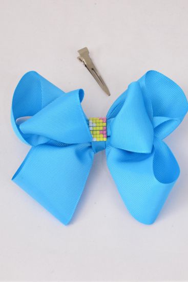 Hair Bow Jumbo Double Layered Center Loom Pattern Grosgrain Bowtie Turquoise/DZ **Turquoise** Alligator Clip,Size-6"x 5" Wide,Clip Strip & UPC Code