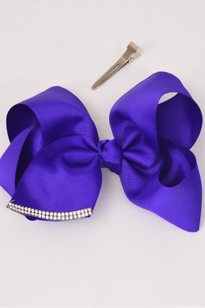 Hair Bow Jumbo Clear Stones Grosgrain Bow-tie Purple/DZ **Purple** Alligator Clip,Size-6"x 6" Wide,Clip Strip & UPC Code