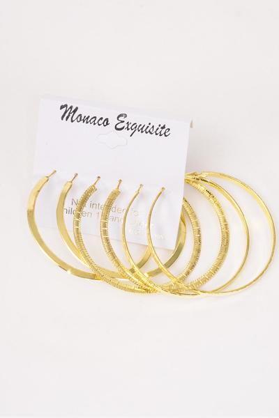 Earrings 3 pair Metal Loop Mix Pattern Gold / 36 pair = Dozen Post , Size - 2.25" Wide , Earring Card & OPP Bag & UPC Code