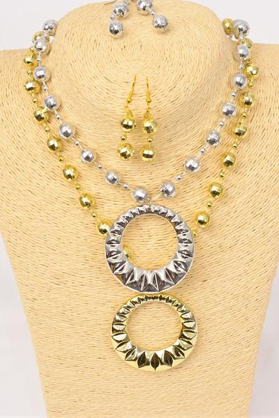 Necklace Sets Poly Round Pendant Gold Silver Mix/DZ Size-20" Long,Pendant Size-2" Wide,6 Gold,6 Silver Mix,Hang Tag & OPP Bag