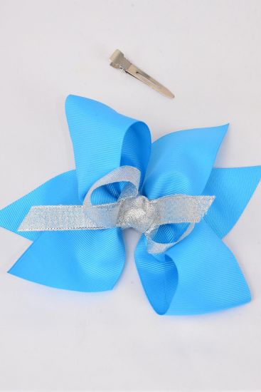 Hair Bow Jumbo Double Layered Silver Metallic Lace Grosgrain Bow-tie Turquoise/DZ **Turquise** Alligator Clip,Size-6"x 6",Clip Strip & UPC Code