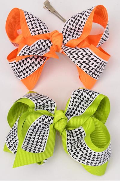 Hair Bow Jumbo Double Layered Center Hound tooth Grosgrain Bow-tie / 12 pcs Bow = Dozen Alligator Clip , Size - 6" x 5" Wide , 6 Orange , 6 Lime Green Asst , Clip Strip and UPC Code