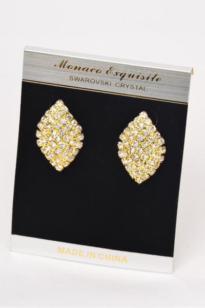 Earrings Boutique Gold Diamond Shape Rhinestone /PC Post, Size-1.25 "x 0.75" Wide, Velvet Earring Card & OPP Bag & UPC Code