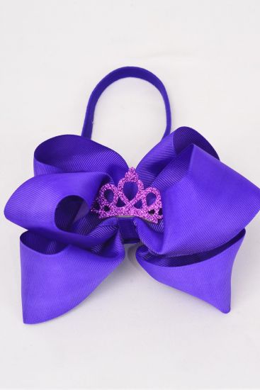 Elastic Headband Tiara Double Layered Grosgrain Bow-tie Purple / 12 pcs = Dozen Purple , Size-6"x 6" Wide , Hang Tag & UPC Code , Clear Box