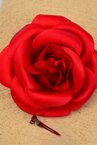 Flower Silk Flower Tea-Rose Jumbo Red / 12 pcs Flower = Dozen Size - 6" Wide , Alligator Clip & Brooch & Elastic Pony , Hang Tag & UPC Code , W Clear Box