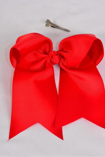 Hair Bow Extra Jumbo Long Tail Hot Red Grosgrain Bow-tie / 12 pcs Bow = Dozen  Hot Red , Alligator Clip , Size - 6.5" x 6" Wide , Clip Strip & UPC Code