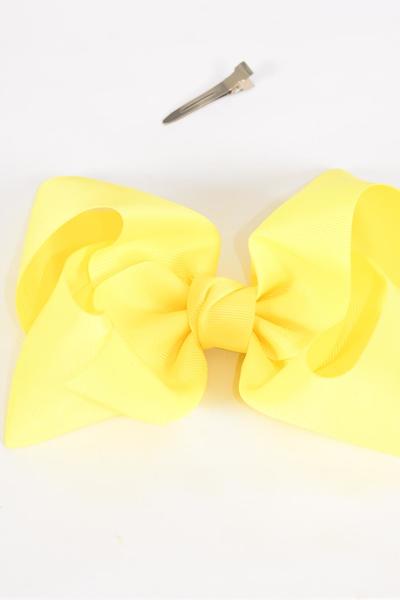 Hair Bow Jumbo Baby Yellow Grosgrain Bow-tie / 12 pcs Bow = Dozen Baby Yellow , Alligator Clip , Size - 6" x 5" Wide , Clip Strip & UPC Code