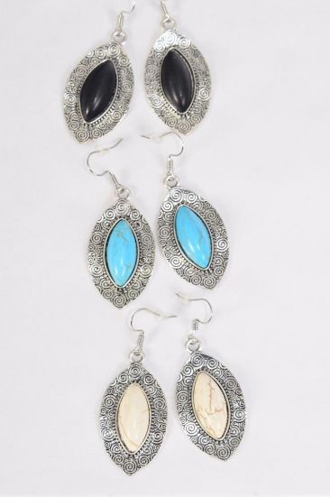 Earrings Metal Antique Aztec Western Look Real Semiprecious Stone / 12 pcs = Dozen Fish Hook , Size - 1.25" x 1" Wide , 4 Black , 4 Ivory , 4 Turquoise Asst , Earring Card & OPP Bag & UPC Code