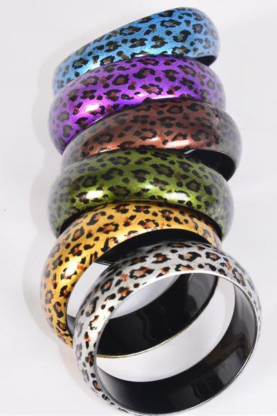 Bracelet Bangle Acrylic Leopard Print / 12 pcs = Dozen Size-2.75" x 1" Dia wide , 2 Silver , 2 Gold , 2 Fuchsia , 2 Purple , 2 Brown , 1 Olive , 1 Blue Color Asst , Hang Tag & Opp Bag & UPC Code